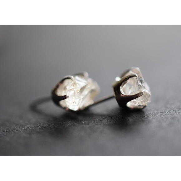 Sterling silver stud earrings, alternative diamond, uncut natural gemstones - Picture 1 of 5